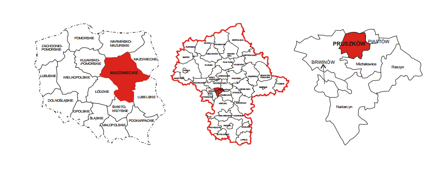 Rysunek 1. Położenie Gminy Miasta Pruszków w odniesieniu do kraju, województwa i powiatu (Źródło: Program ochrony środowiska dla Miasta Pruszków, 2004 rok).