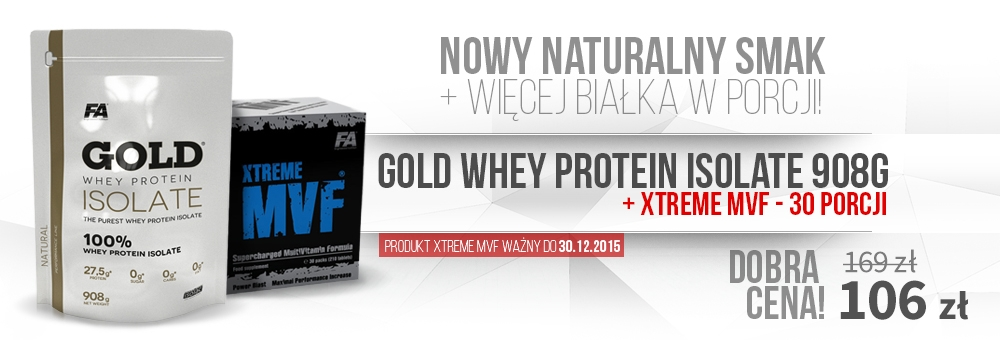Utworzono: 2017-02-22 18:11:55 Gold Whey Protein Isolate - 908g + Xtreme MVF - 210tab Cena produktu: 195,00 PLN 106,00 PLN GOLD WHEY PROTEIN ISOLATE dostarcza najczystszego izolatu białka serwatki,