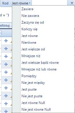 Wyrażenie przykładowe Kod Zawiera U można dowolnie zmieniać: - Kod jest jednym z pól zawartych w każdym wierszu jednostki organizacyjnej ( można wybrać dowolne pole do porównania ), - Zawiera jest