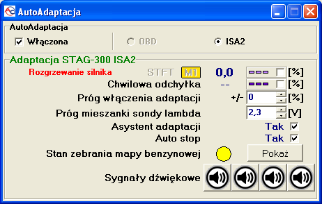 Rysunek 13: Widok okna Autoadaptacja ISA2 Opis parametrów: STFT korekcja krótkoterminowa czasu wtrysku gazu.