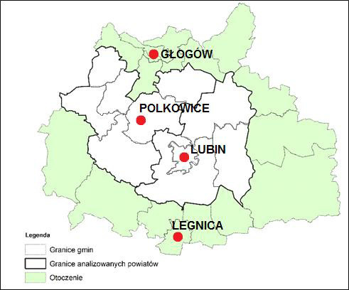 są to: Legnica, Lubin, Polkowice i Głogów, a porównanie ich wielkości przedstawiono w tabeli nr 2.