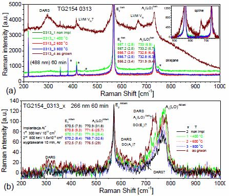 14 Sprawozdanie z działalności ITE w 2014 r. Rys. 10. Widma Ramana serii 0313 dla pobudzenia 488 nm (a) i 266 nm (b). W prawym górnym rogu rys.