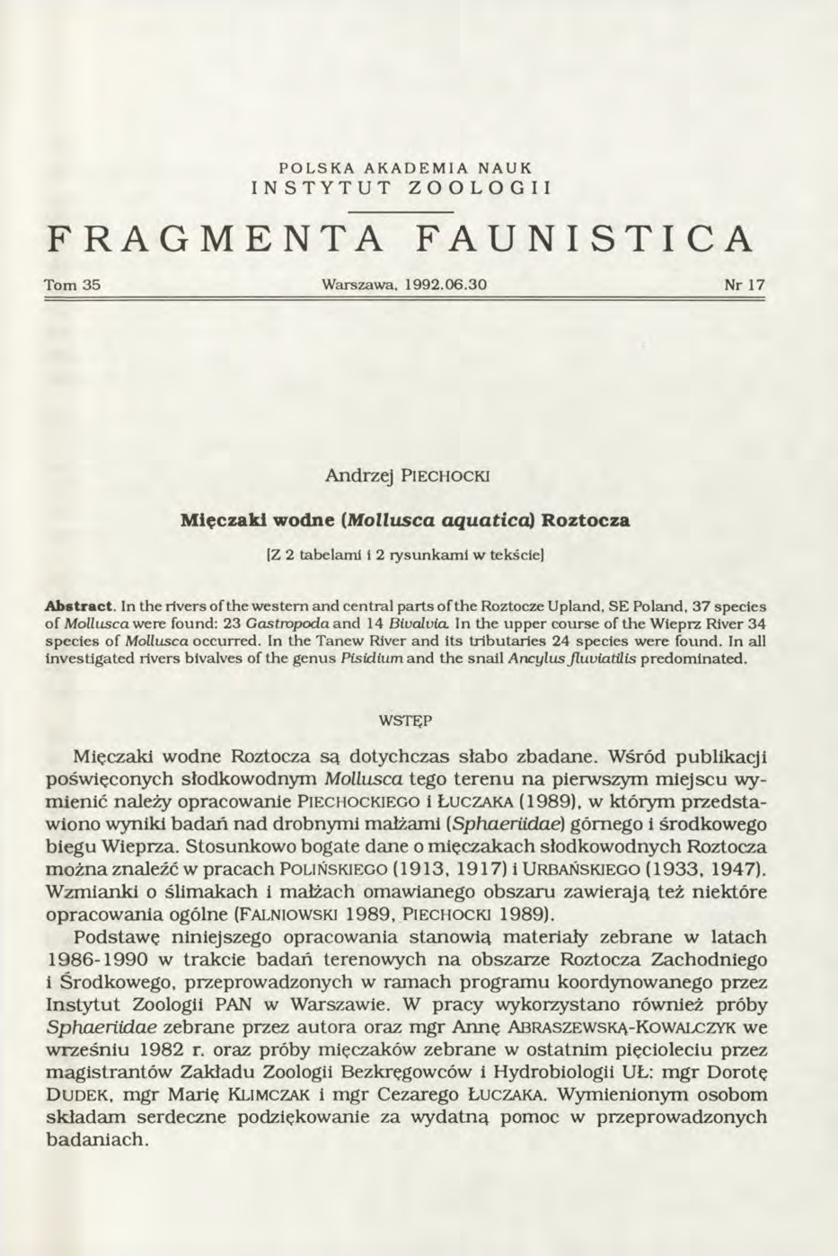 POLSKA AKADEMIA NAUK INSTYTUT ZOOLOGII FRAGMENTA FAUNISTICA Tom 35 W arszawa, 1992.06.
