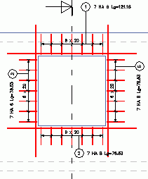 Przykład: Tworzenie symbolu pręta Ten przykład pokazuje, w jaki sposób umieścić symbole zbrojenia dla prętów pokazanych na przekroju ściany. Powiększ przekrój nadproża. 1.