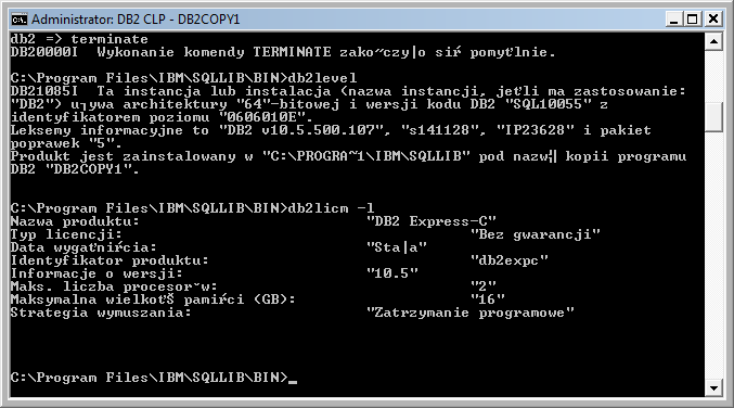 Aby sprawdzić poprawność instalacji, użyjemy poleceń procesora wiersza komend DB2: db2level wyświetla informacje o zainstalowanym produkcie (wersja,