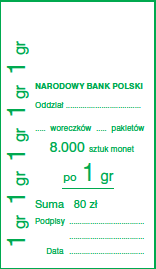 Załącznik nr 9 35) Wzór przywieszki do worka zbiorczego zawierającego monety nadające się do obiegu 1) Wzór zawiera przykładową wartość nominalną.