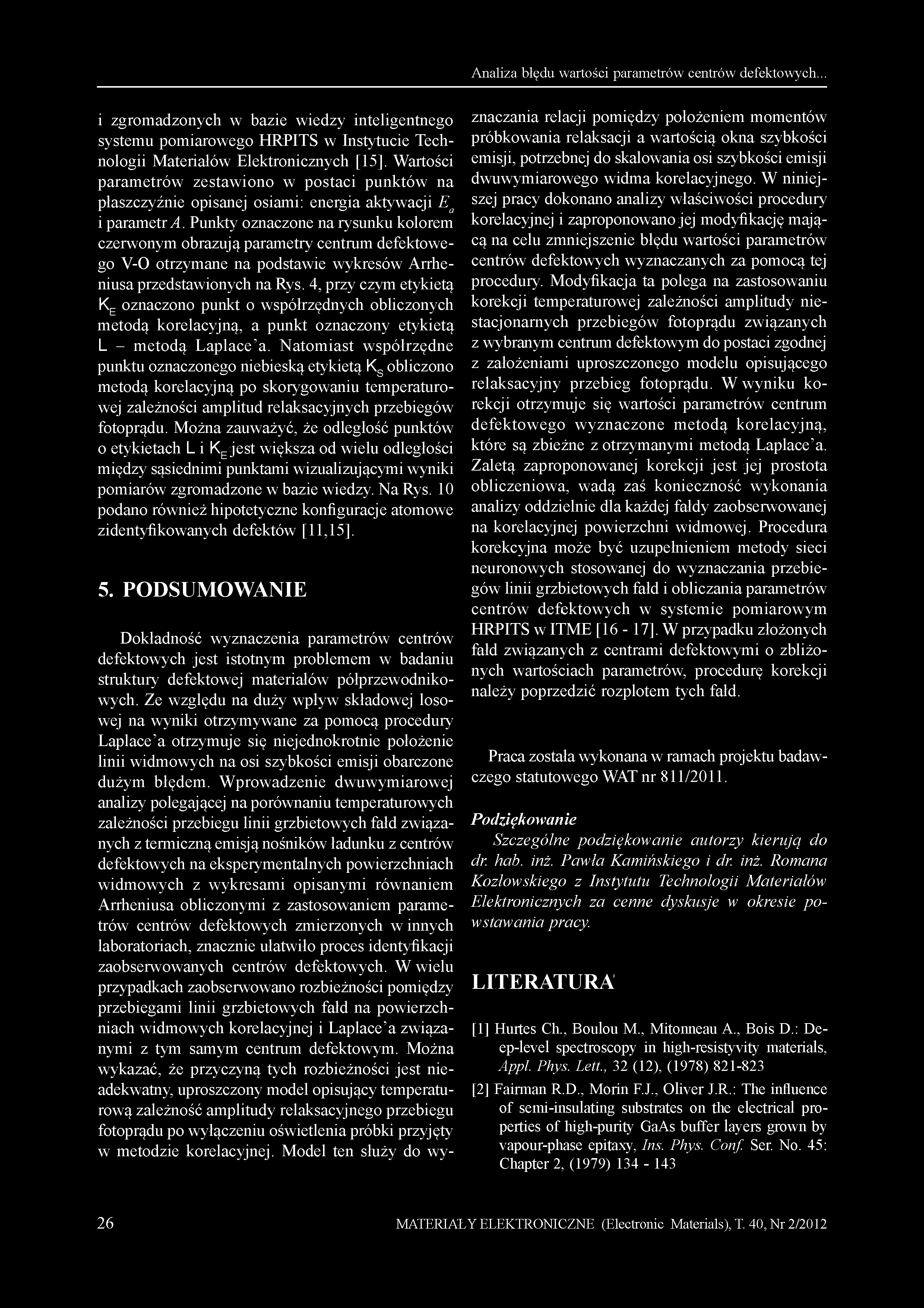 Analiza błędu wartości parametrów centrów defektowych... i zgromadzonych w bazie wiedzy inteligentnego systemu pomiarowego HRPITS w Instytucie Technologii Materiałów Elektronicznych [15].