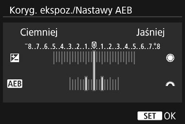 h Sekwencja naświetlania (AEB)N Aparat wykonuje trzy zdjęcia w sekwencji ekspozycji, z automatyczną zmianą czasu naświetlania i wartości przysłony, w maksymalnym zakresie ±3 stopni i z dokładnością