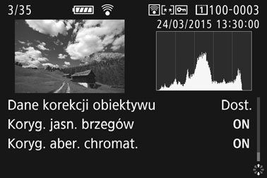 B: Ekran informacji o obrazie Informacje o obiektywie/histogramie Histogram (jasność) Nazwa obiektywu Ogniskowa Histogram (RGB) Informacje o balansie