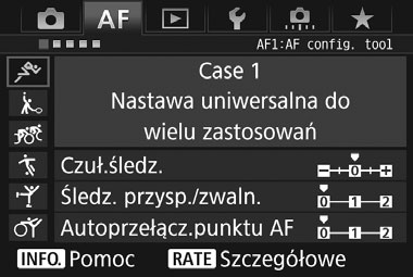 3 Wybór właściwości AI Servo AFN Można łatwo skonfigurować tryb AI Servo AF, aby dopasować go do obiektu lub sceny, wybierając opcję od Case 1 do Case 6. Jest to tak zwane narzędzie konfiguracyjne AF.