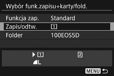 3 Wybór karty do zapisywania i odtwarzania Wybór karty CF lub SD do zapisywania lub odtwarzania Jeśli dla ustawienia [Funkcja zap.] została wybrana wartość [Standard] lub [Autom.przeł.