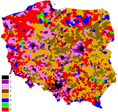 Struktura funkcjonalna a sukces gospodarczy (przykład badań geografii wsi) Struktura funkcjonalna gmin 1) gminy miejs kie, 2) obsz ary urbanizowane, 3) wiel ofunkc yjne obsz ar y przejściowe, 4)