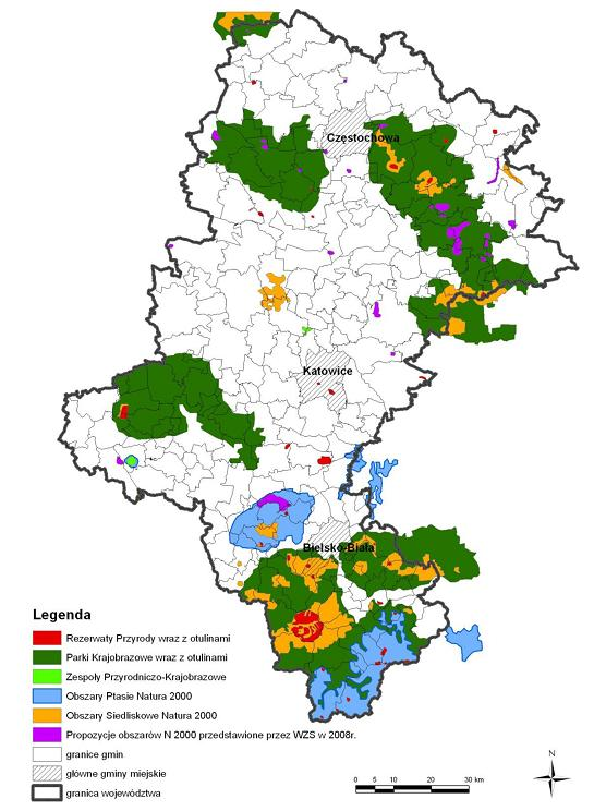 Rysunek 8. Rozmieszczenie form ochrony przyrody w województwie śląskim (Źródło: Czechowski D., Skrzypiec P.