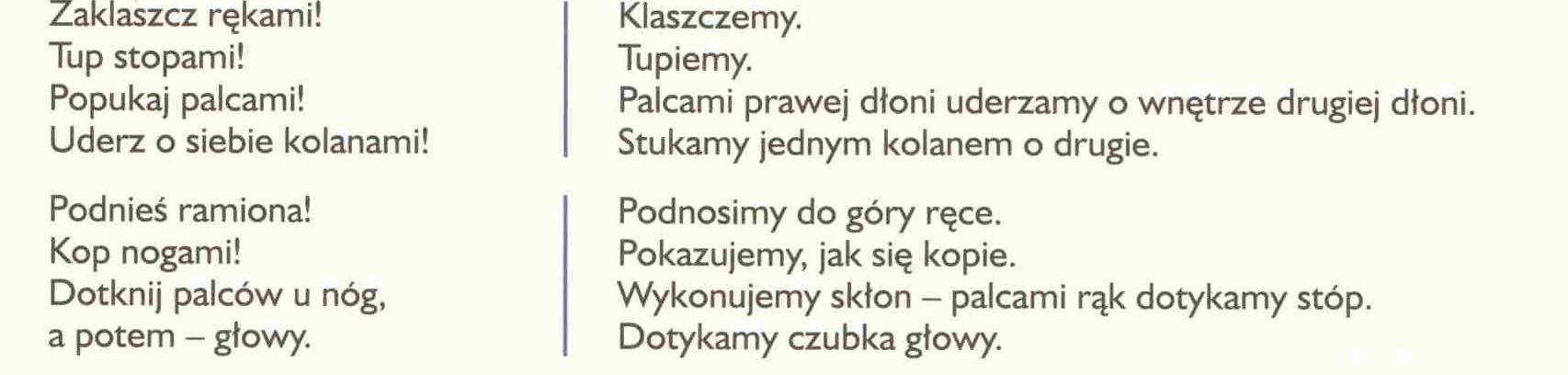 Gymnastics Clap your hands! Stomp your feet! Tap your fingers! Bang your knees! [ Dżimnastiks Klep jor hends Stomp jor fit Tep jor fingers Beng jor nis.] Lift your arms! Kick your legs!