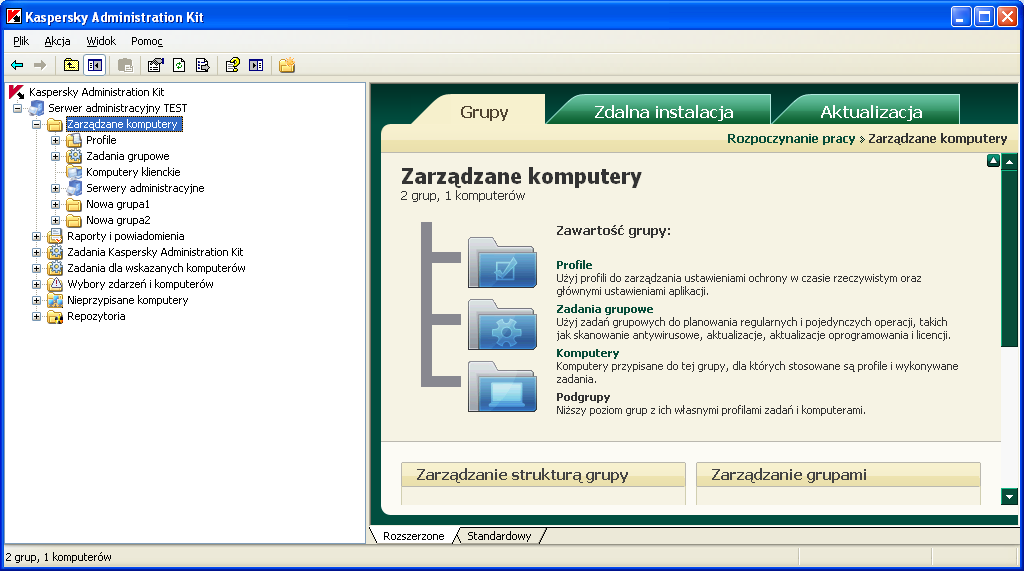 Pojedynczy węzeł lub folder może posiadać kilka paneli zadań, które są przedstawione w postaci zakładek z ich nazwami wyświetlonymi w górnej części panelu informacyjnego.