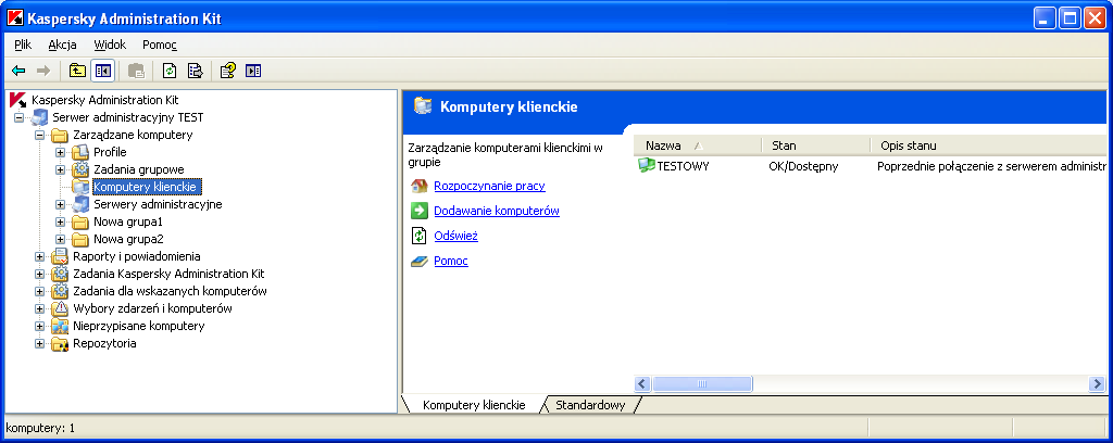 Rysunek 9. Widok standardowy panelu wyników Informacje w panelu wyników Kaspersky Administration Kit (np. stany komputerów, statystyki, raporty) nie są automatycznie odświeżane.
