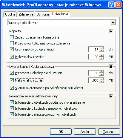 W celu zezwolenia na zdalne zarządzanie obiektami w lokalnych miejscach przechowywania, W profilu aplikacji, w sekcji Powiadom serwer administracyjny zaznacz następujące pola (patrz rysunek poniżej):