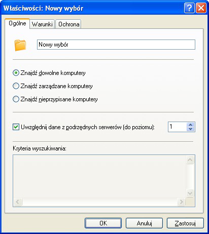 Rysunek 44. Konfigurowanie kryteriów wyboru komputerów REJESTR APLIKACJI Folder ten jest wyświetlany lub ukrywany w zależności od ustawień interfejsu aplikacji.