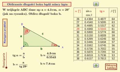 Aplet do lekcji: Definicje i wartości funkcji sinus, cosinus, tangens kątów ostrych w trójkącie prostokątnym wykorzystanie w zadaniach Aplet służy do generowania zadań, w których należy