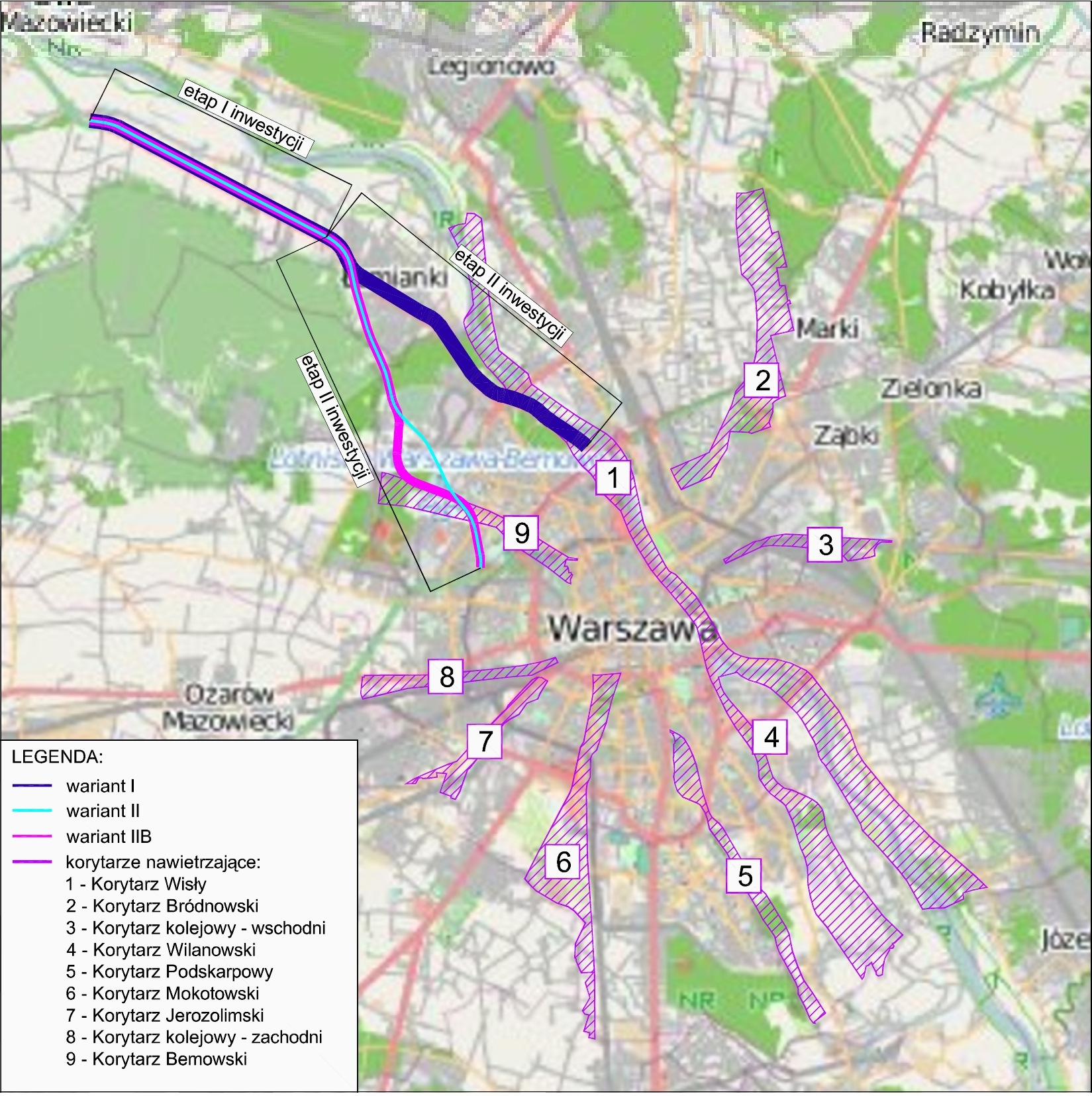 Rysunek 7 Lokalizacja inwestycji na tle korytarzy nawietrzających ( użytkownicy OpenStreetMap, CC BY- SA) Korytarz Wisły jest podstawowym korytarzem systemu wymiany powietrza w Warszawie.