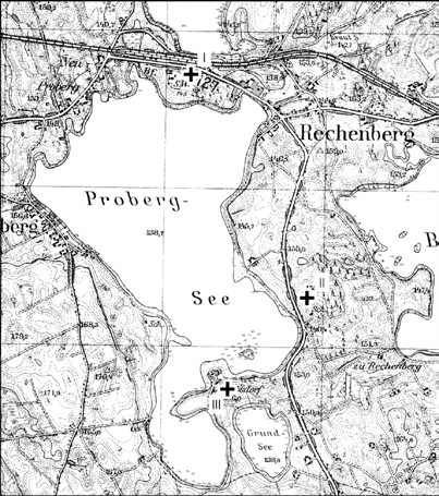 Lokalizacja cmentarzysk w Kosewie, wg Hilberg 2009 Pierwsze informacje o cmentarzysku Kosewo I, położonym pomiędzy jeziorem Juksty a Jeziorem Probarskim, pochodzą z 1887 roku.