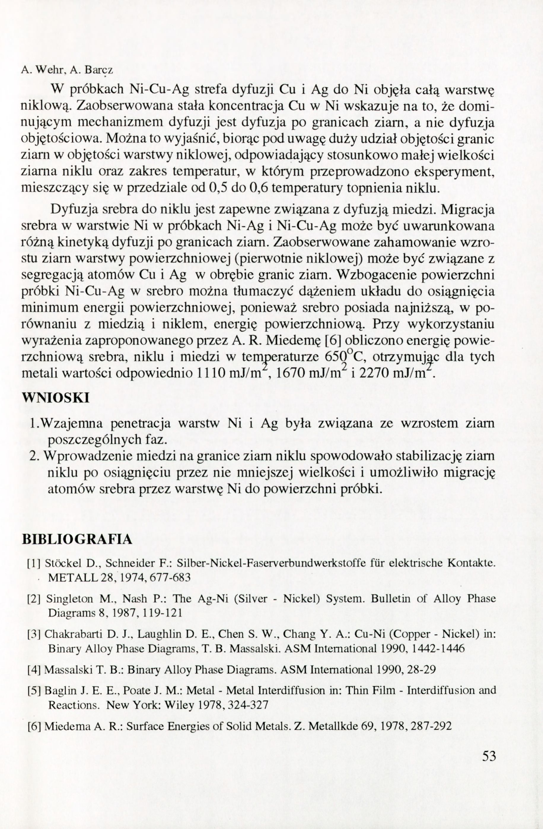 A. Wehr, A. Barcz W próbkach Ni-Cu-Ag strefa dyfuzji Cu i Ag do Ni objęła całą warstwę niklową.