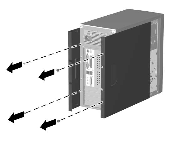 3. Usuń dwa wkręty mocujące panel dostępu do podstawy montażowej komputera. Niektóre panele dostępu są zamocowane przy użyciu śrub radełkowanych z zabezpieczeniem przed wypadnięciem.