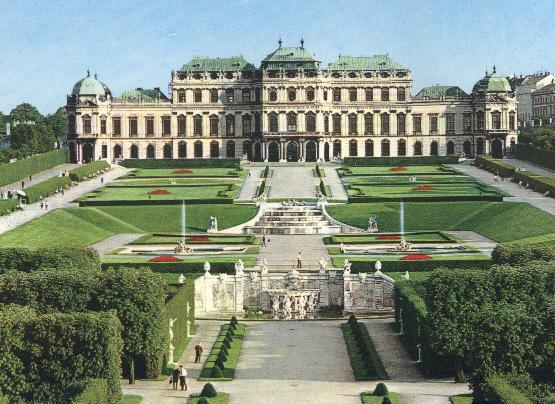 Pałac Belvedere ( z zewnątrz) i ogrody Jest to barokowy pałac wybudowany przez architekta Johann Lucas von Hildebrandt dla księcia Eugeniusza Sabaudzkiego.