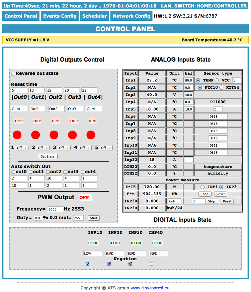 Zarządzanie przez WWW. 1. Control Panel Reset time 0 normalna praca wyjść, dla >0 wyjście po wciśnięciu przycisku zmienia stan i powraca do stanu poprzedniego po upływie czasu w sekundach (max 65534).