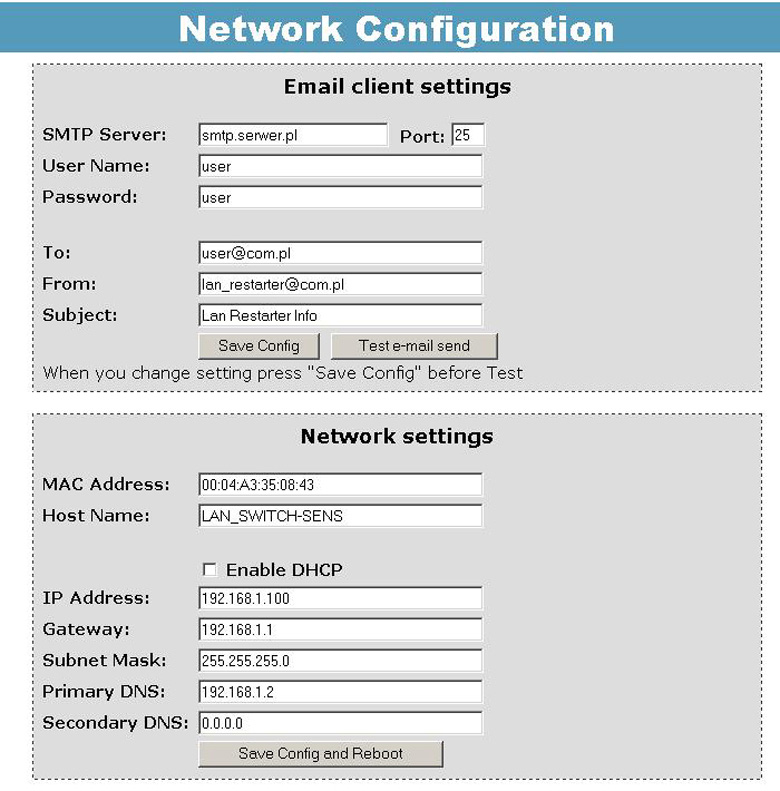 4. Network Configuration instrukcja v. 3.21 HOME LAN Kontroler LANKONT-001 Ustawienia parametrów klienta E-mail.