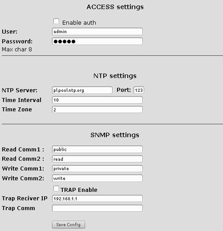 Nazwa użytkownika i hasło dostępu do modułu. Można wyłączyć autoryzację. Ustawienia serwera NTP, Time Interwal - okres w minutach, co jaki będzie synchronizowany czas z serwerem.