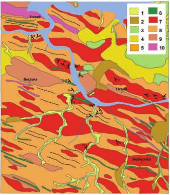 224 ALEKSANDRA MICHNIEWICZ Ryc. 2. Budowa geologiczna obszaru badań (na podstawie SzMGS arkusz Siedlęcin, Szałamacha 1976).