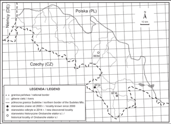 6 MICHAŁ SMOCZYK, MARIUSZ KARAKULA Ryc. 1. Rozmieszczenie Orobanche elatior s.l. w Sudetach. Fig. 1. Distribution of knapweed broomrape Orobanche elatior s.l. in Polish Sudetes.