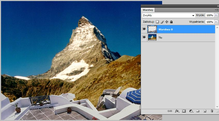 Usuwamy morze: 4. Tworzymy warstwę z tła i przechodzimy do drugiego pliku, w którym w menu Warstwa stosujemy Powiel warstwę do pliku z tarasem. 5.