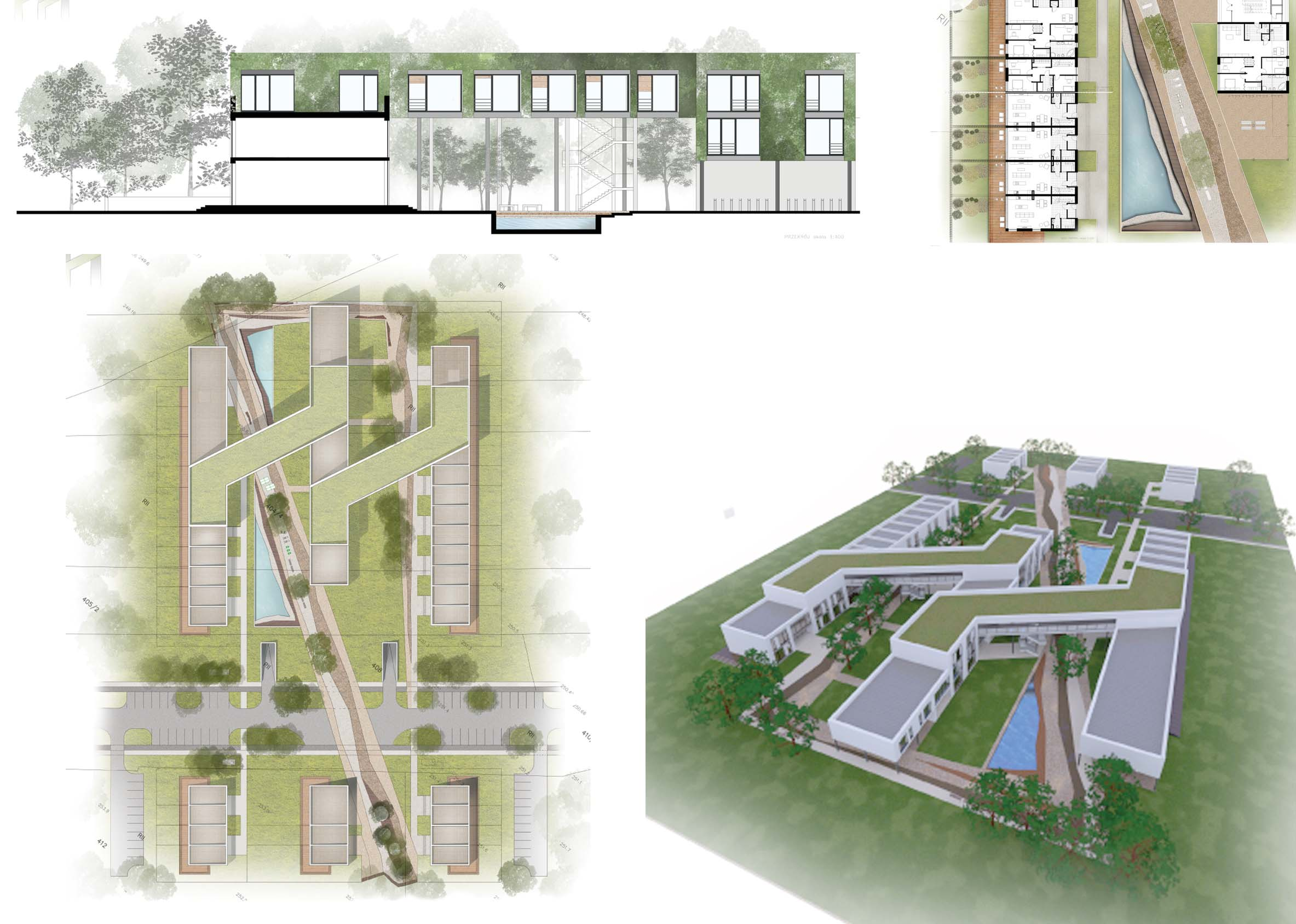 EKOLOGICZNY ZESPÓŁ MIESZKANIOWY KRAKÓW-ZESŁAWICE ECOLOGICAL RESIDENTIAL COMPLEX CRACOW ZESŁAWICE MAGDALENA SITO Zespołowi zabudowy jednorodzinnej zwartej nadano formę równoległych pasm połączonych ze