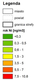 - wyniki modelowania (źródło: [1], [18]) Rys. 3.8. Rozkład stężeń średniorocznych niklu na terenie powiatu rzeszowskiego w 2014 r.