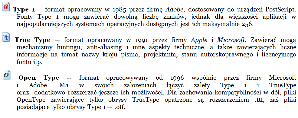 Typowe rodzaje fontów