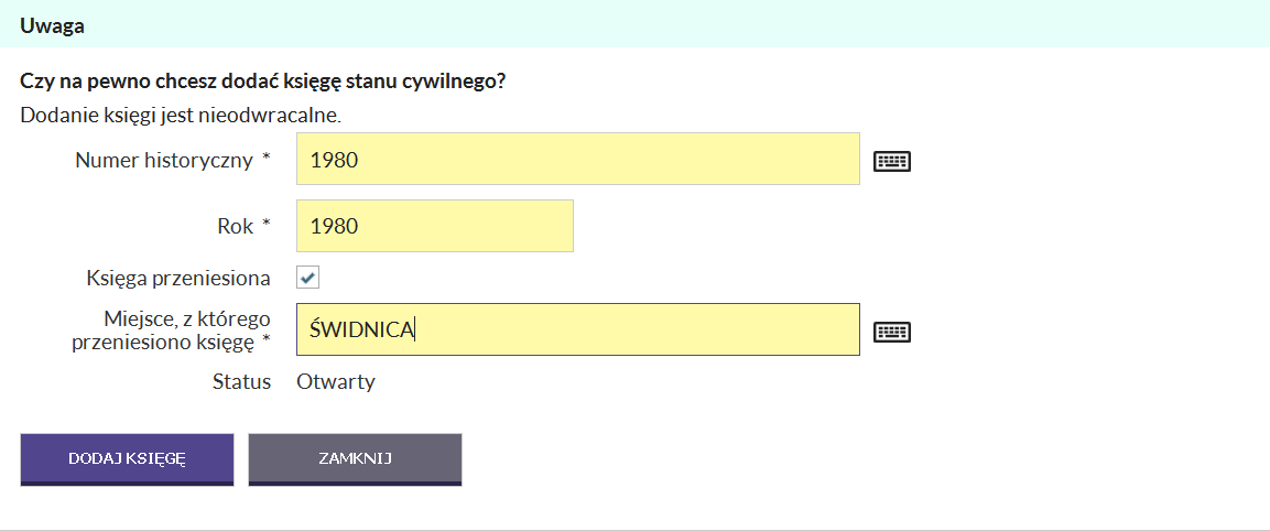 Po co wpisuje się miejscowość (przykład wyżej), jeżeli księga została przeniesiona do naszego USC z USC w Świdnicy i tam został