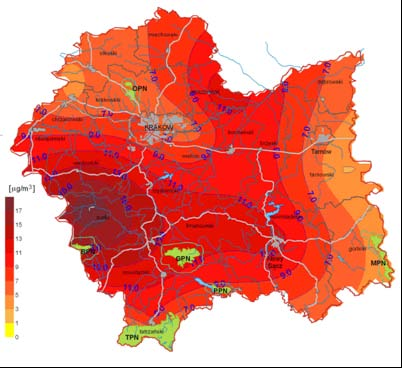 Mapy. Rozkład stężeń średniorocznych wybranych zanieczyszczeń powietrza w województwie małopolskim w 2012 roku (źródło: PMŚ/WIOŚ Kraków 6 ) Pył PM2,5