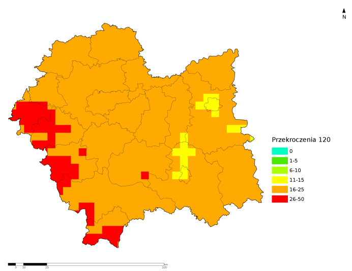 1.2.1. Omówienie wyników modelowania i pomiarów stężeń ozonu (metoda łączenia) na obszarze województwa małopolskiego Wartości dla jednego roku (2015) Uśrednione wartości dla 3 lat (2013-2015) Mapa 6.