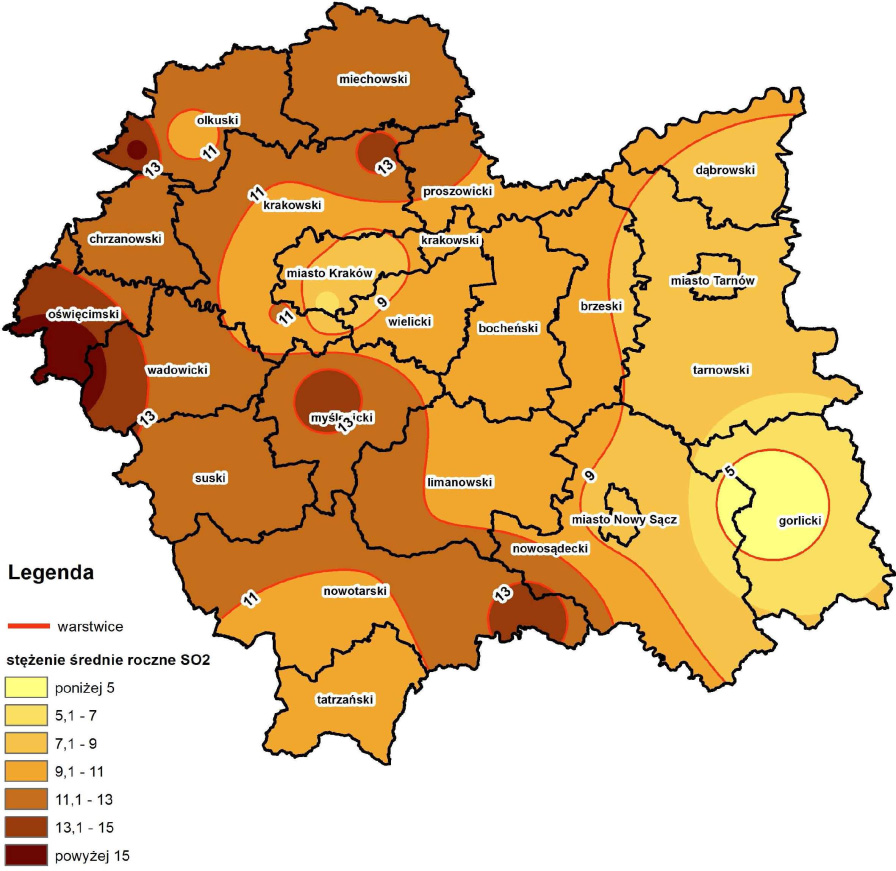 Mapy 1-5 przedstawiają rozkłady stężeń średniorocznych uzyskane z danych pomiarowych wybranych zanieczyszczeń powietrza w 2015 roku na obszarze województwa małopolskiego.