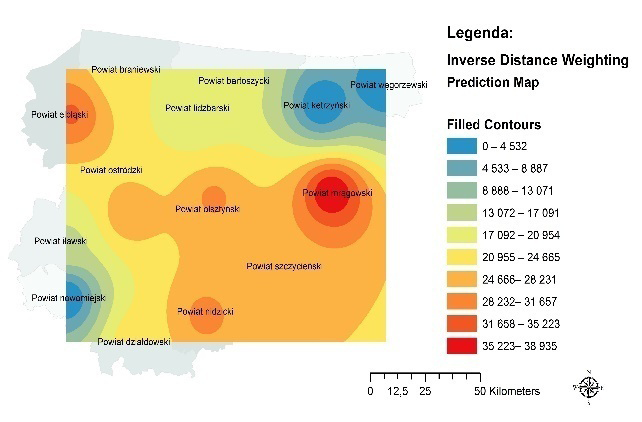 Mapa średnich cen transakcyjnych nieruchomości rolnych niezabudowanych uzyskanych przez ANR OT Olsztyn w przetargu nieograniczonym a) metoda klasycznej symbolizacji b) metoda IDW Źródło: