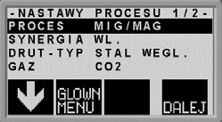 Menu procesu To menu służy do zmiany procesu spawania, typu materiału itp.