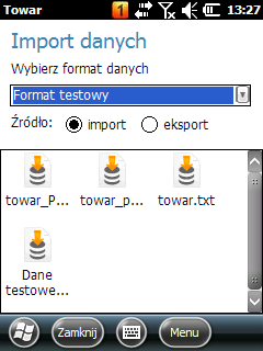 Opis Okno Towar formularz Import danych Okno Towar formularz Import danych służy do wgrania pliku z danymi do bazy terminala.