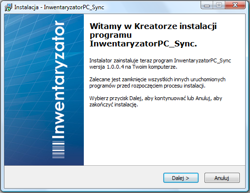 1. INSTALACJA APLIKACJI - zalecany system Windows XP,Vista,7 - pakiet instalacyjny IwentaryzatorPC_Sync-Setup - dodatkowe komponenty NET Framework wersji 4.