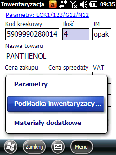 Podkładka inwentaryzacyjna Wybierając Menu->Podkładka inwentaryzacyjna możemy wyświetlić dodatkowe informacje związane z towarem.