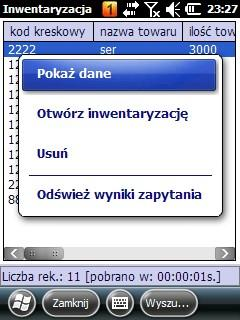 przytrzymaniu na wybranym rekordzie ukazuje się lista z funkcjami, które