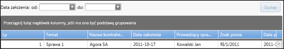 Wyszukiwanie sprawy Aby wyszukać sprawę w rejestrze należy w pierwszej kolejności wskazać właściwą sprawę poprzez