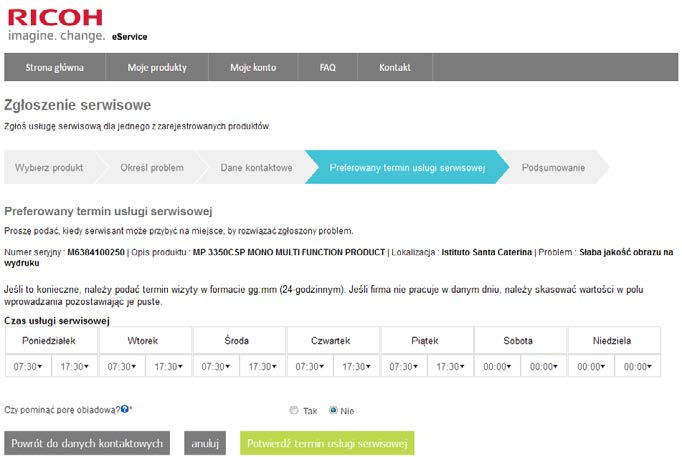 Po wypełnieniu wymaganych pól, wybierz opcję Wyślij dane kontaktowe. W kolejnym kroku zostaniesz poproszony o wybranie preferowanych terminów wykonania usługi serwisowej.