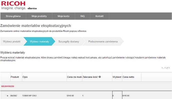 W oknie zamówienia zostanie automatycznie wyświetlona lista materiałów eksploatacyjnych dostępnych dla wybranego urządzenia. Wszystkie ceny będą wyraźnie oznaczone.